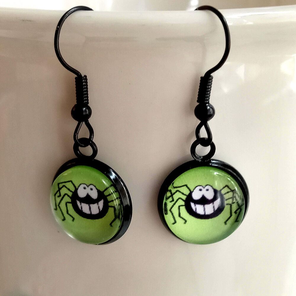 Friendly Spider Earrings, Green and Black Halloween Dangles, Art Under Glass